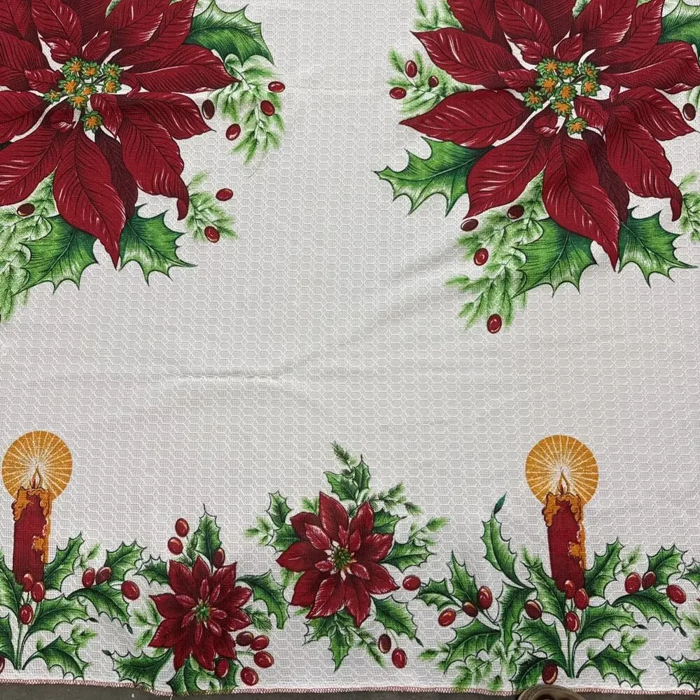 Vintage 80s Christmas Tablecloth Oval Oblong Poinsettia Candles Large